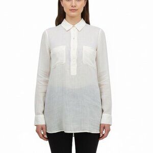 Theory Womens White Ramie Button-Up Long Sleeve Blouse With Pockets Size SP
